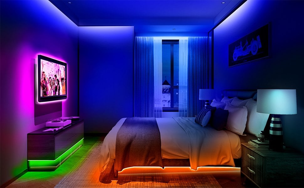 Bedroom with colour LED strip behind the TV and under the bed