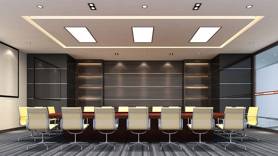 Boardroom with LED strip in a recessed ceiling