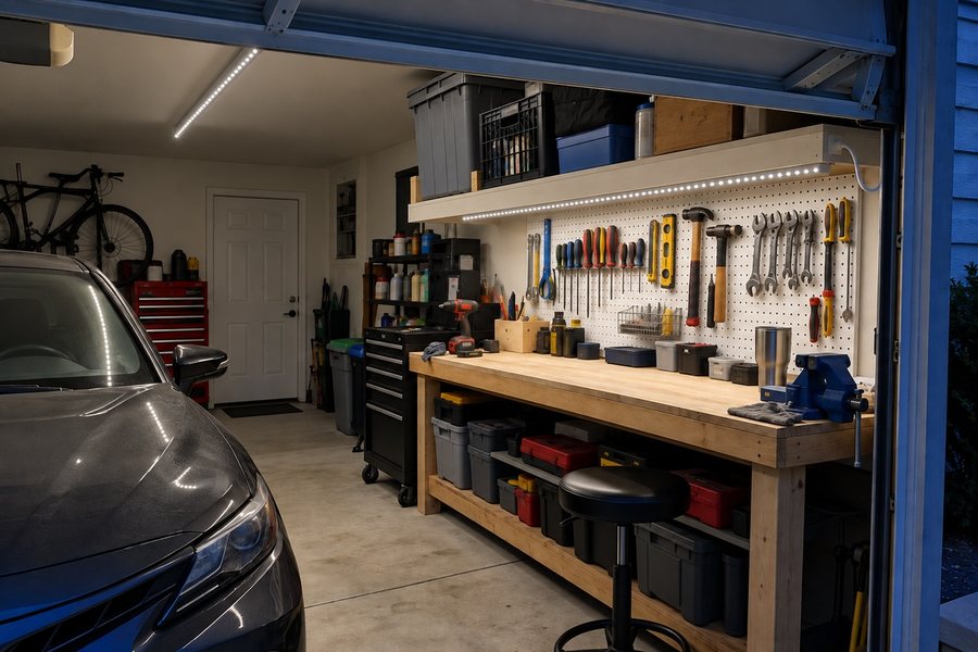 Garage workbench lit by LED strip in an aluminium channel under the shelf, with a ceiling LED channel over the car