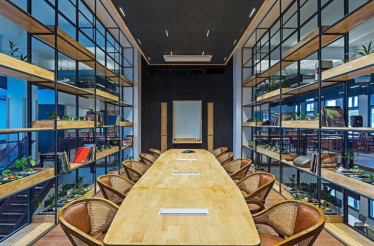 Open glass-framed shelving lit by LED strip along the front edge of each shelf