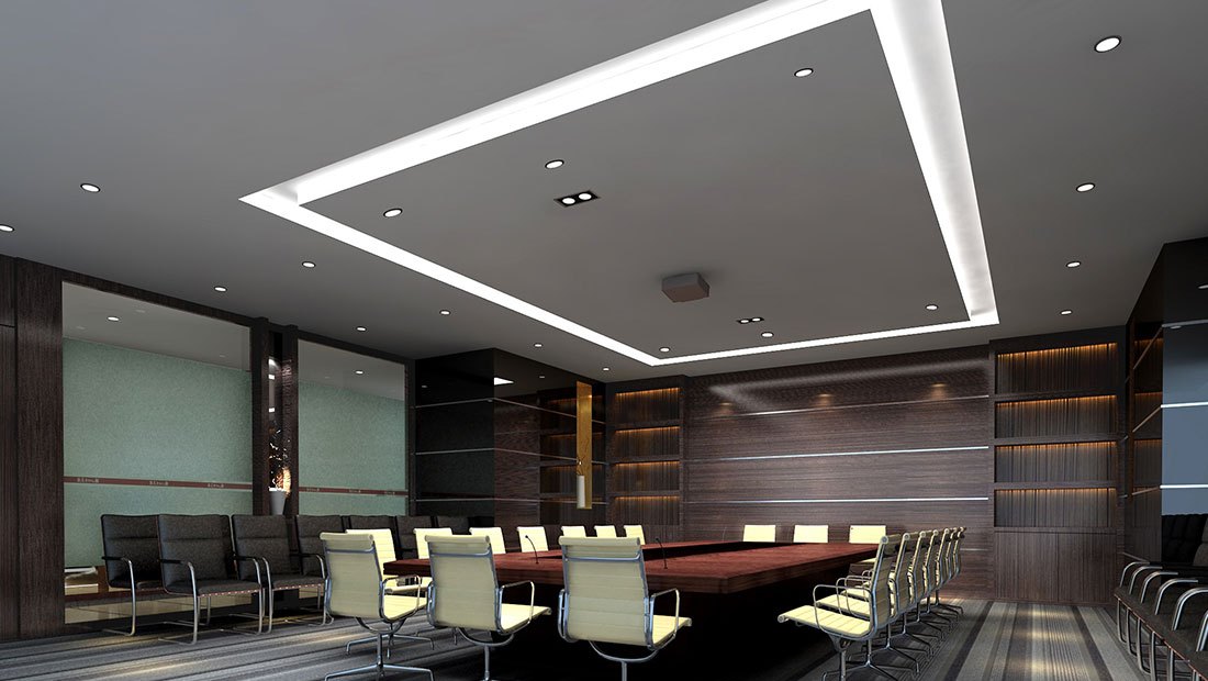Meeting room with LED strip in a ceiling recess