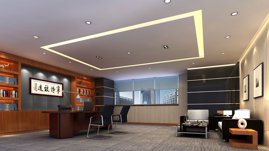 Office ceiling cove lines lit with LED strip