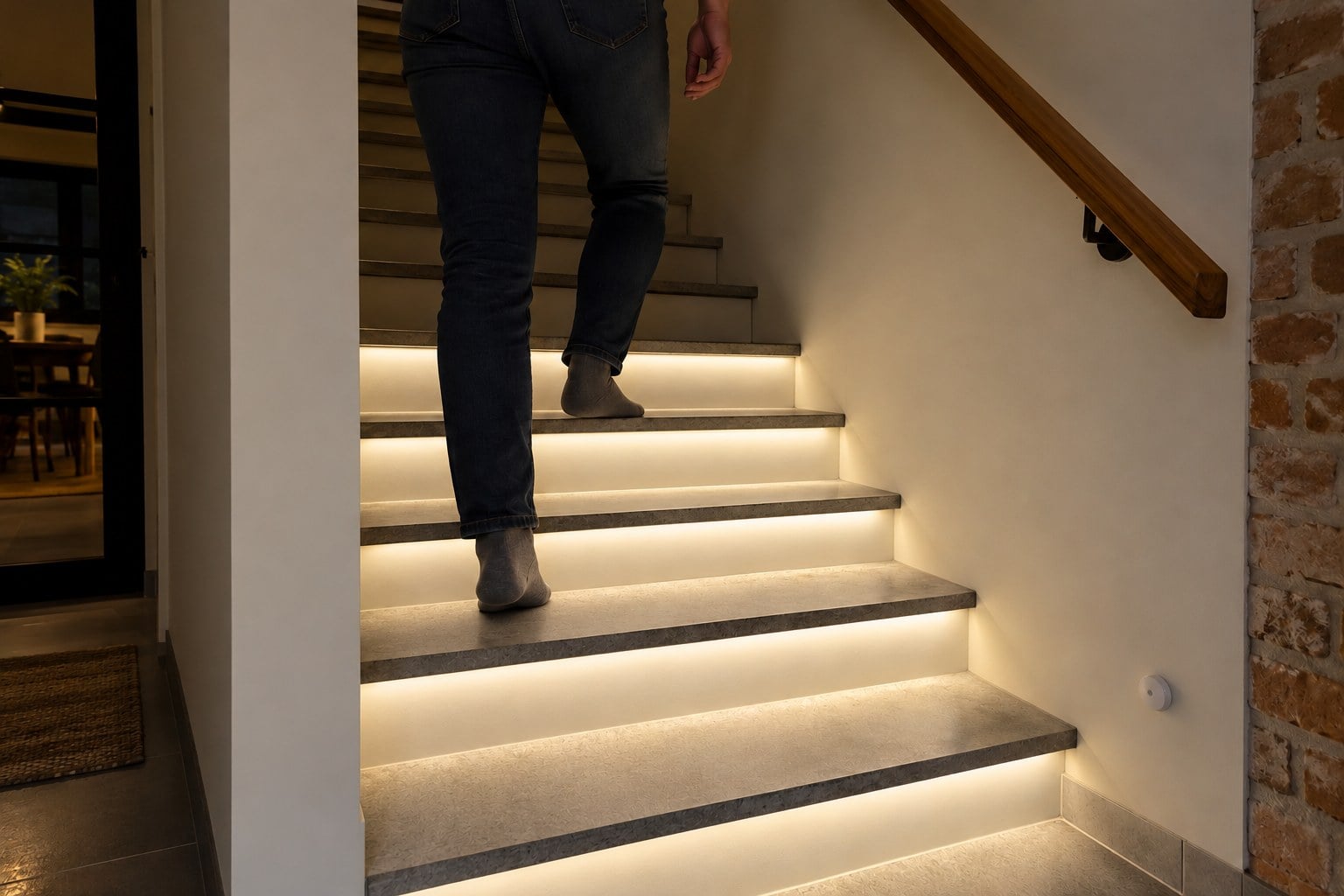 Motion-sensor stair lighting with the lower five steps illuminated across their full width