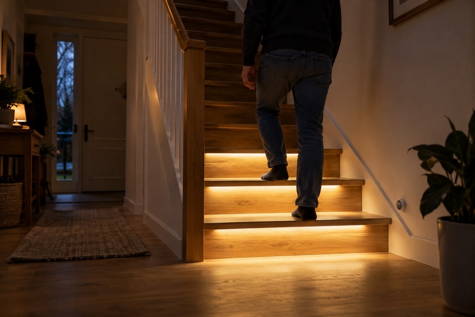 Motion-sensor wooden stair lights illuminating the lower steps as a person walks upstairs