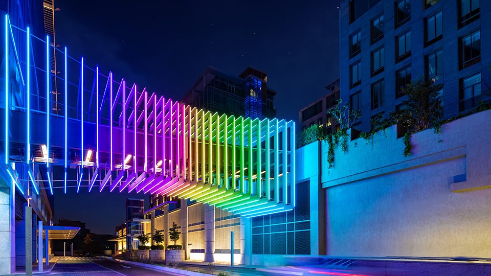 Building facade with RGB LED pixel lighting
