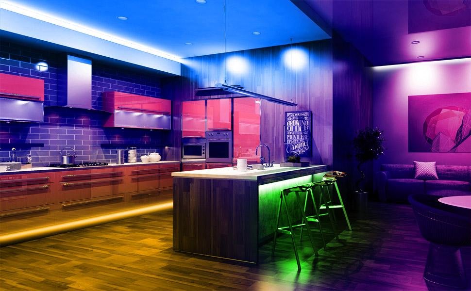 Bar with RGB LED strip along the counter and ceiling