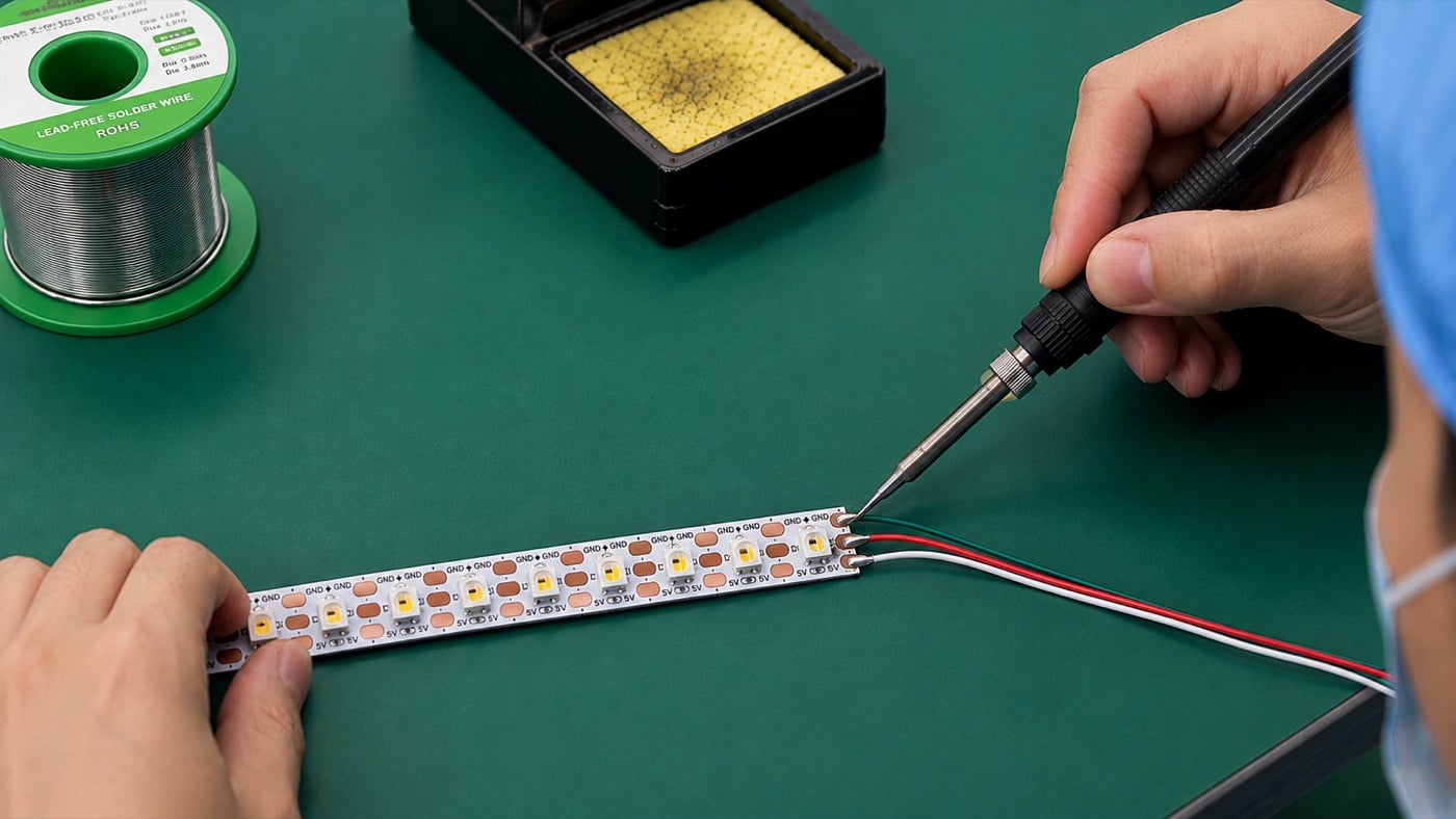 Soldering wire tails onto a cut-to-length addressable LED strip light - red, white and green cores to the 5V, GND and data pads