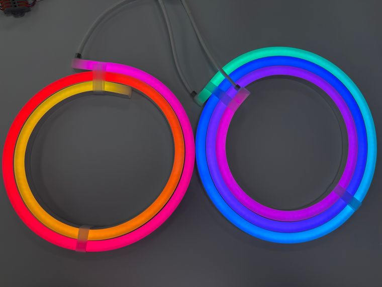 RGB LED neon flex assemblies lit during the final bench test