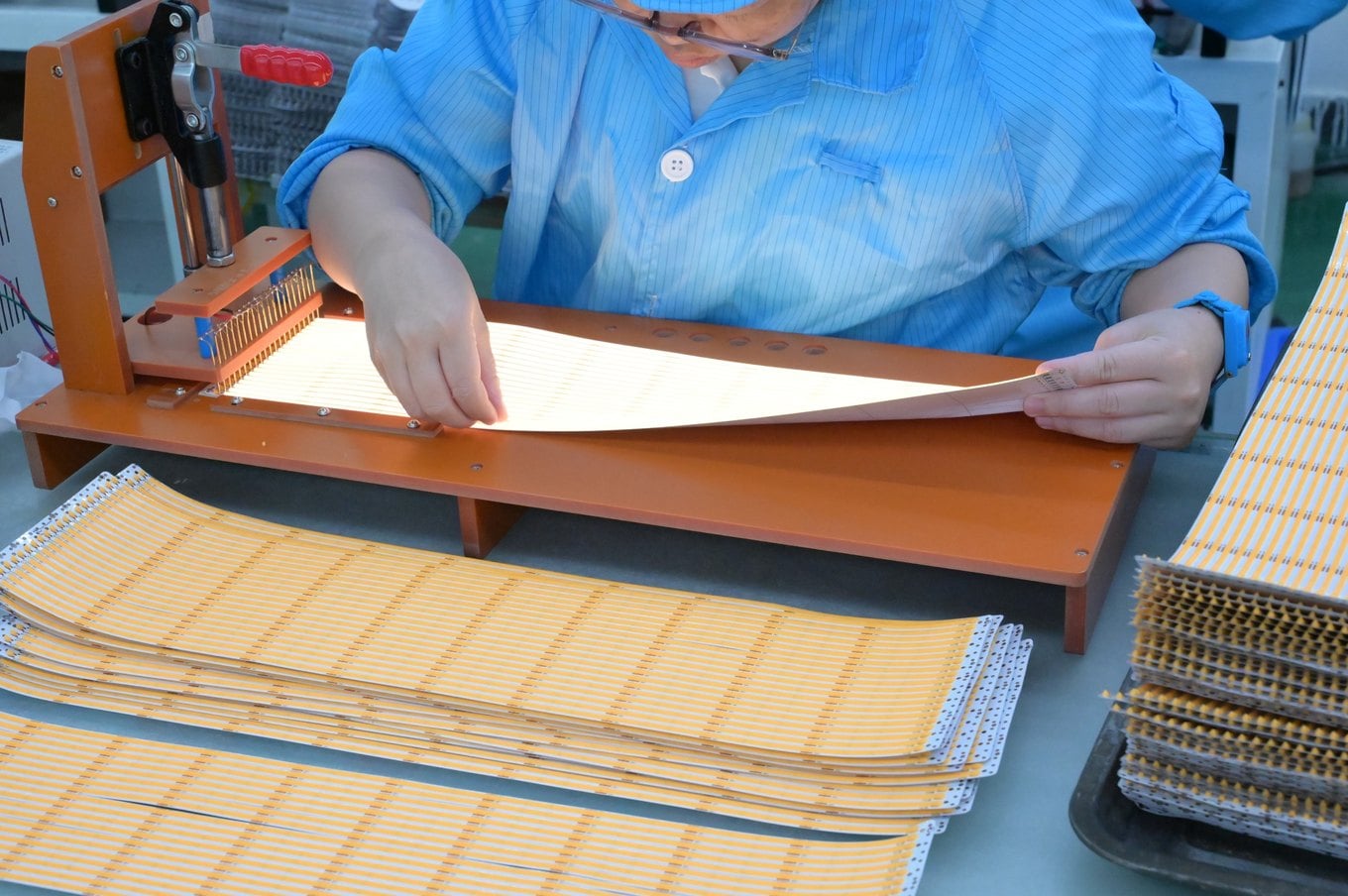Flexible LED strip panels on an electrical press-test fixture