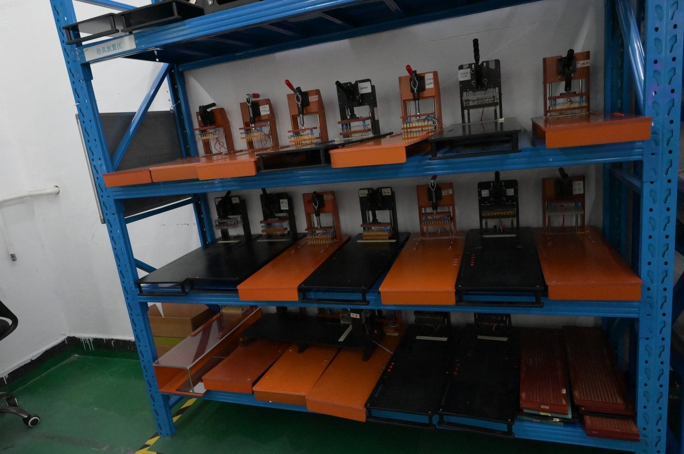 Rack of LED strip test fixtures