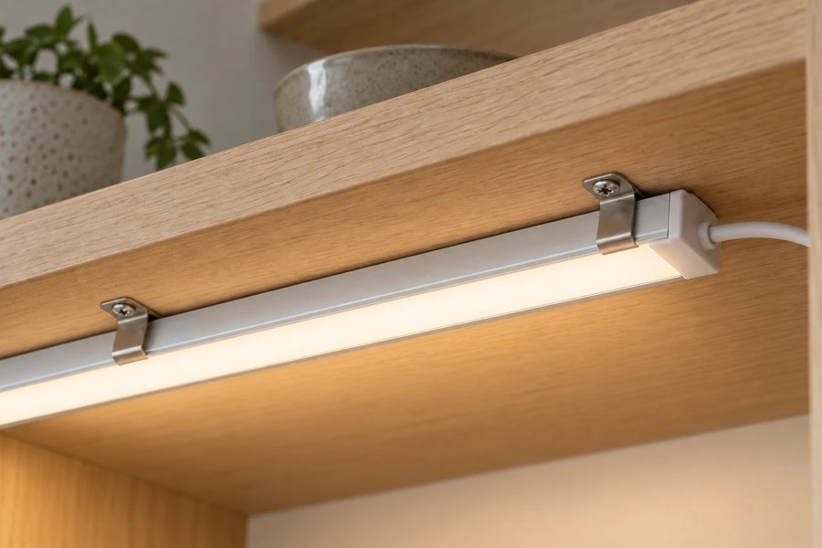 Aluminium LED channel held under a shelf by stainless mounting clips, with an end cap and cable