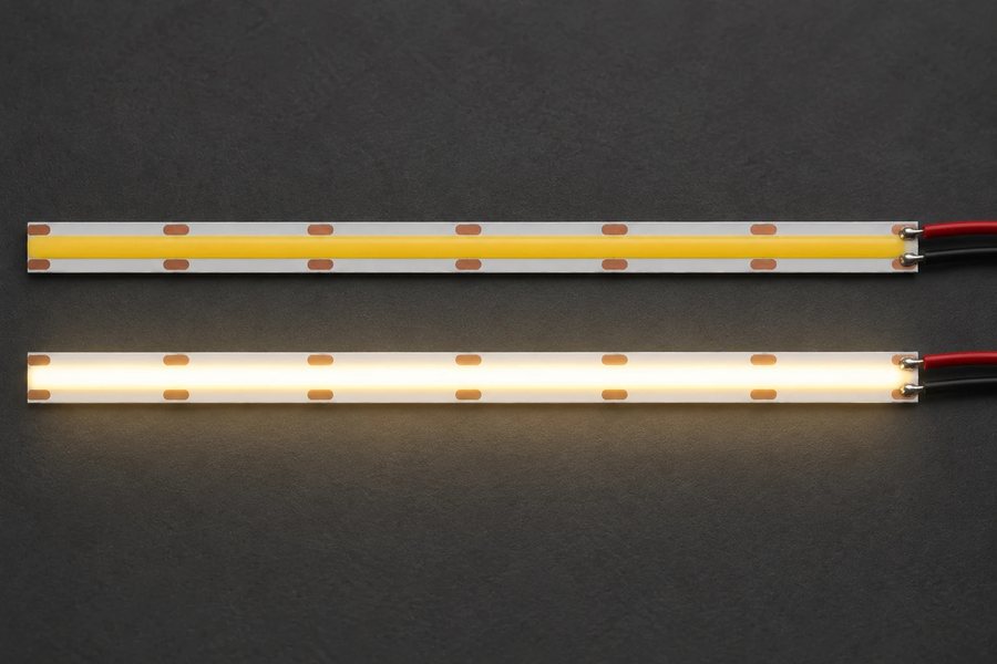 COB LED strip: an unlit continuous phosphor line next to a lit continuous line of light