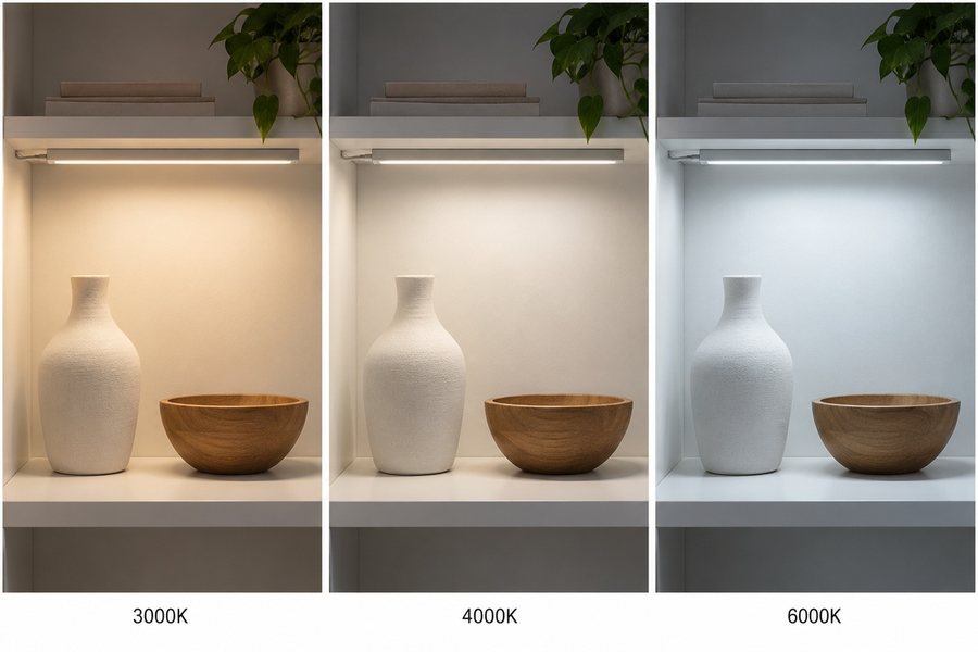 The same shelf lit by 3000K, 4000K and 6000K LED strip