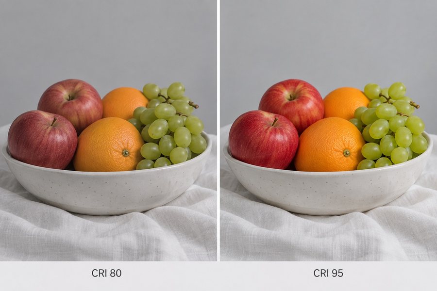 The same bowl of fruit under CRI 80 and CRI 95 LED strip lighting
