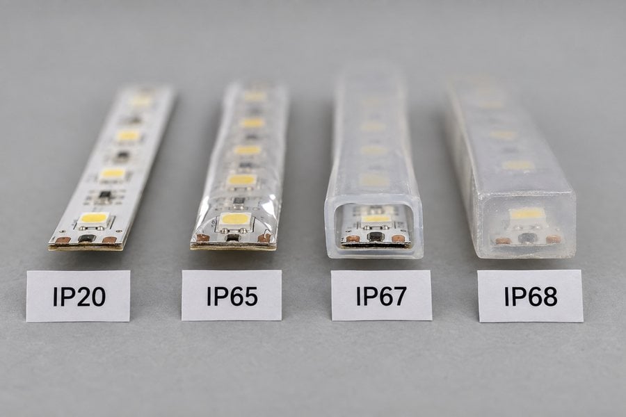 LED strip cross-sections for IP20, IP65, IP67 and IP68 waterproof ratings