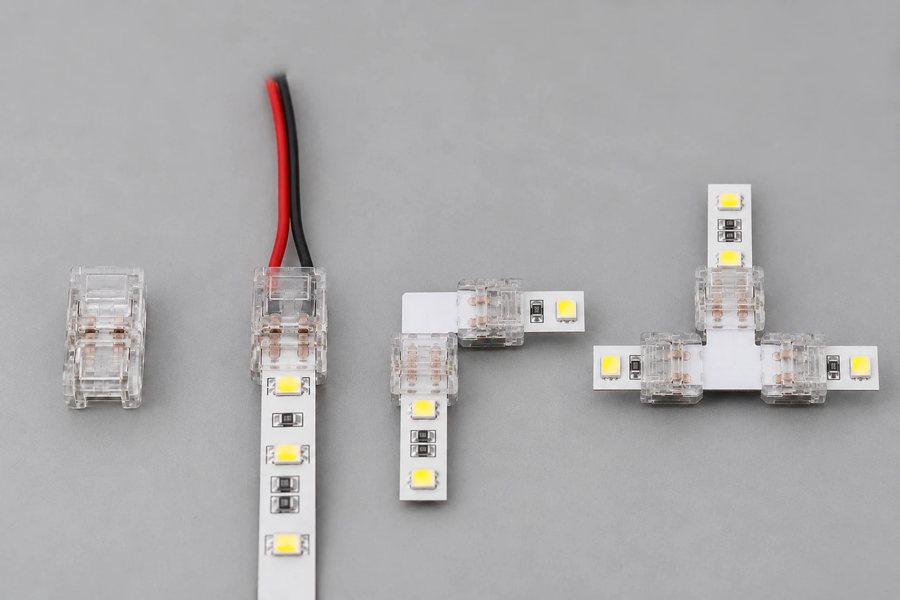 Solderless LED strip connectors: strip-to-strip, strip-to-wire, corner and T connectors