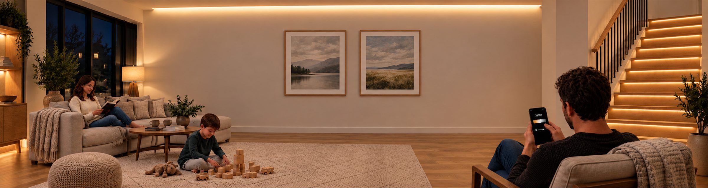 Warm 3000K LED strip lighting in a family living room — cove lighting along the ceiling, LED stair lights on the staircase, and the colour temperature being adjusted from a phone app