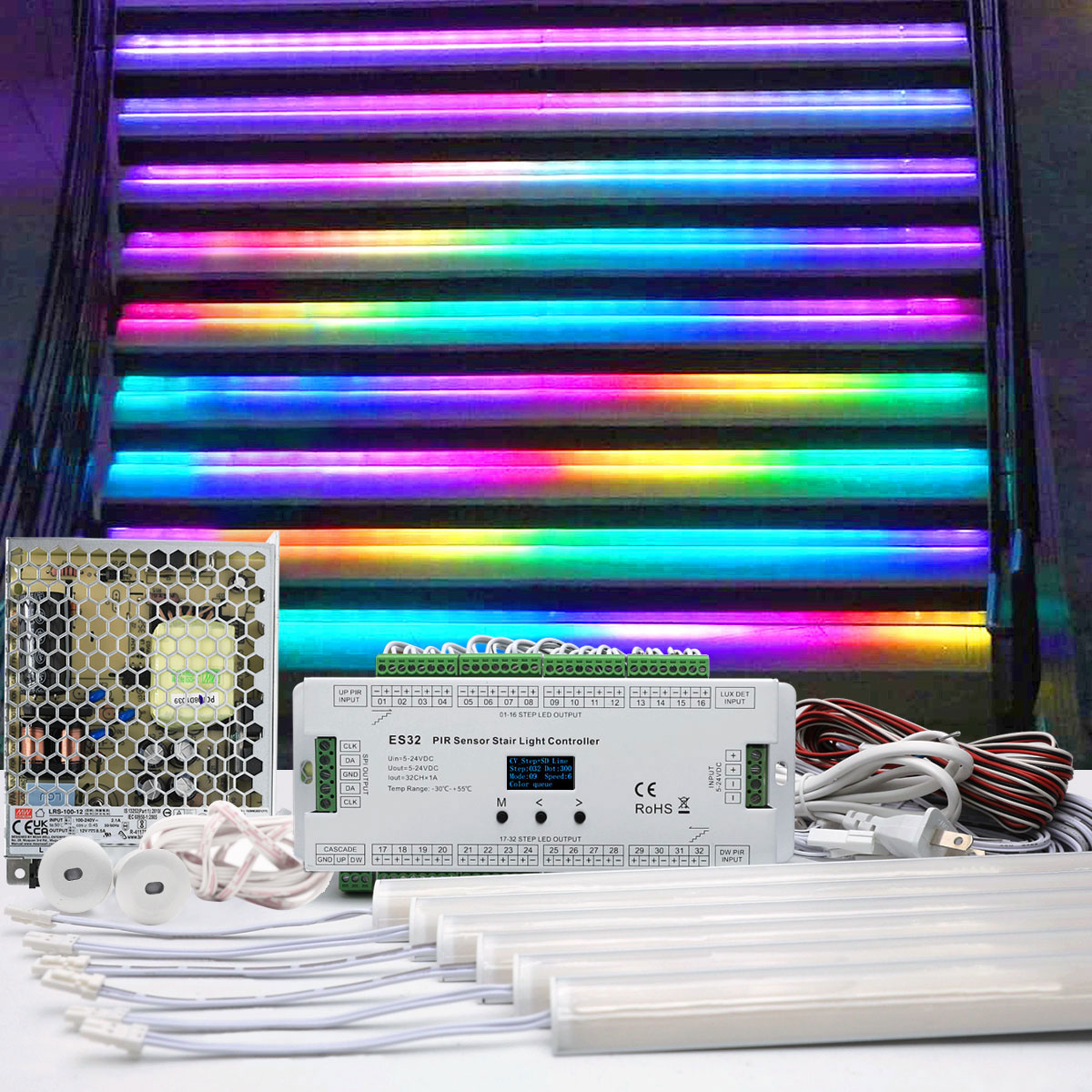 Sada vnitřních schodišťových světel pohybového senzoru – adresovatelné RGB zachycování barev – LED pásek s hliníkovým kanálem Sada vnitřních schodišťových světel pohybového senzoru – adresovatelné RGB zachycování barev – LED pásek s hliníkovým kanálem