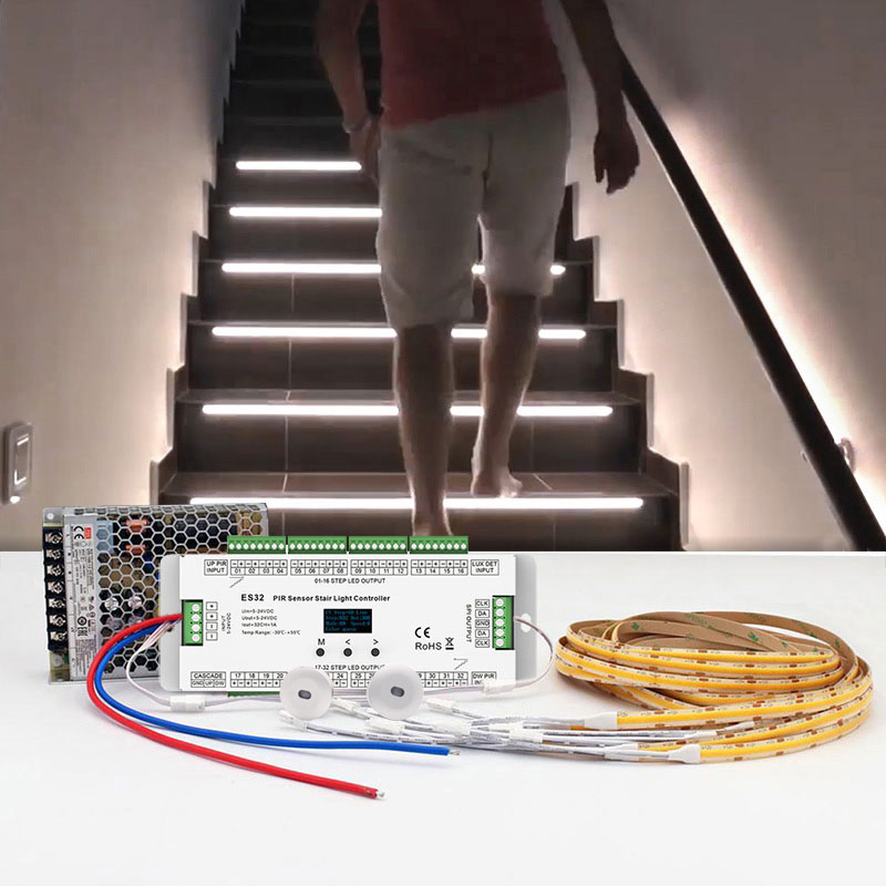 Komplettes ES32-Kanal-Treppenlicht-Set mit intelligentem Bewegungssensor und LED-Treppenbeleuchtung, DC12V-COB-LED-Beleuchtungsset