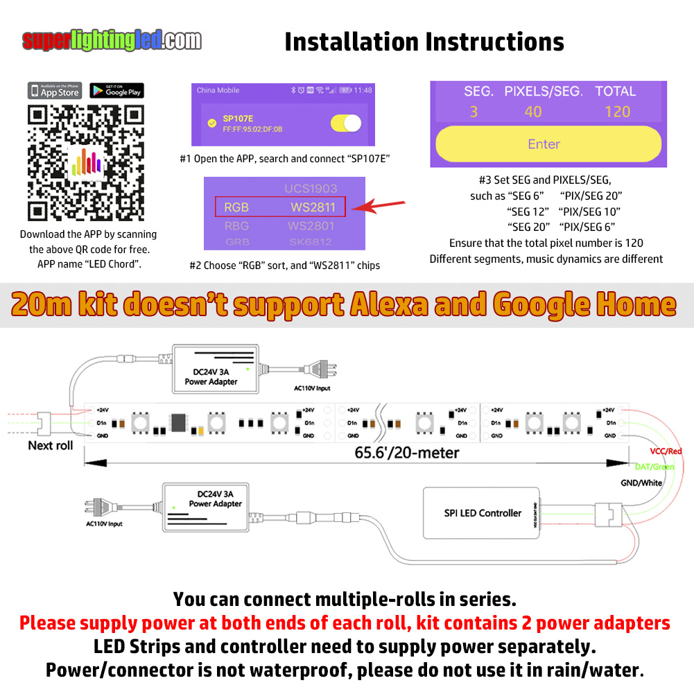 65.6 stop/20 m Multi Color Chasing RGB Long LED Strip Light Kit 65.6 stop/20 m Multi Color Chasing RGB Long LED Strip Light Kit
