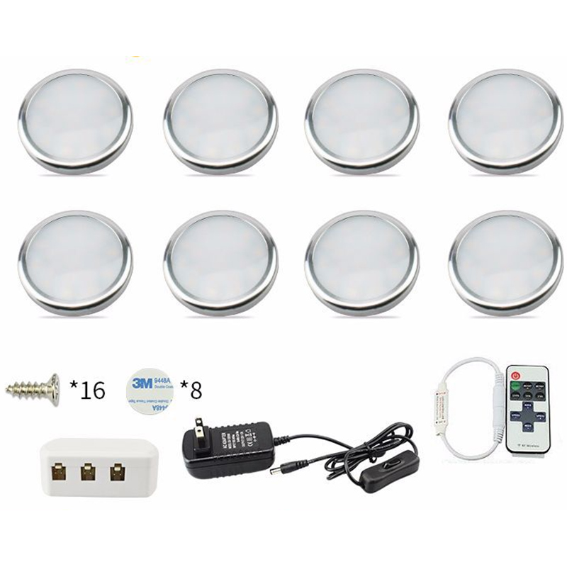 DC12V 8-teiliges RF-Knopfsteuerungs-Beleuchtungsset mit weißen LEDs unter dem Schrank-Puck – 3000 K/6000 K optional – 2.5 W/Stück