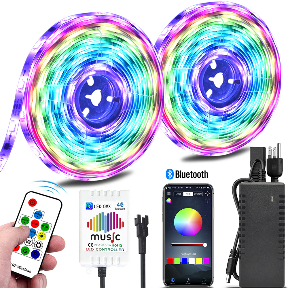 Nová vylepšená 32.8stopá/10metrová digitální adresovatelná sada RGB s flexibilním LED páskem, DC12V 300LEDs Bluetooth Music Controller, pro domácnost, párty, okapy, dekorace do auta