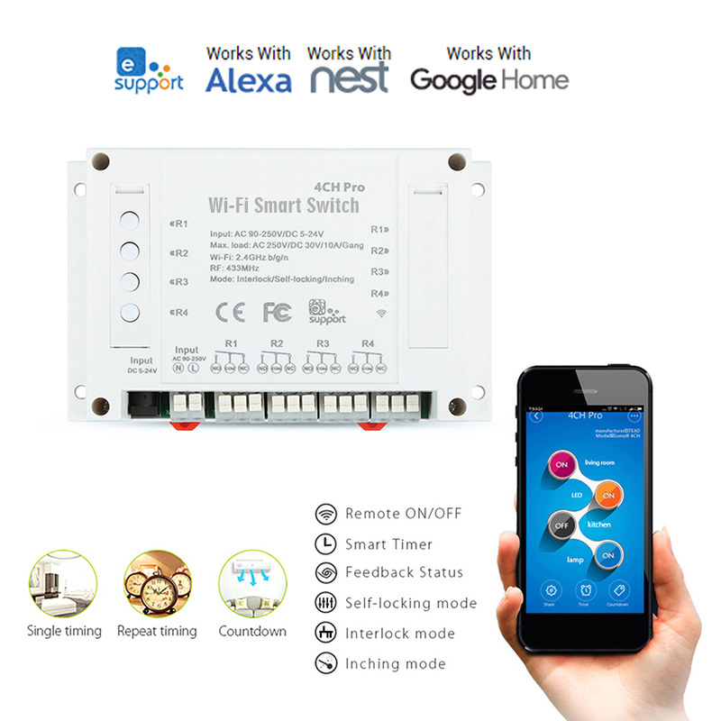 4CH Pro WiFi RF Wireless AC Smart Switch s Amazon Alexa, Google Assistant, IFTTT, Google Nest, - AC86-265V nebo DC5-24V vstup