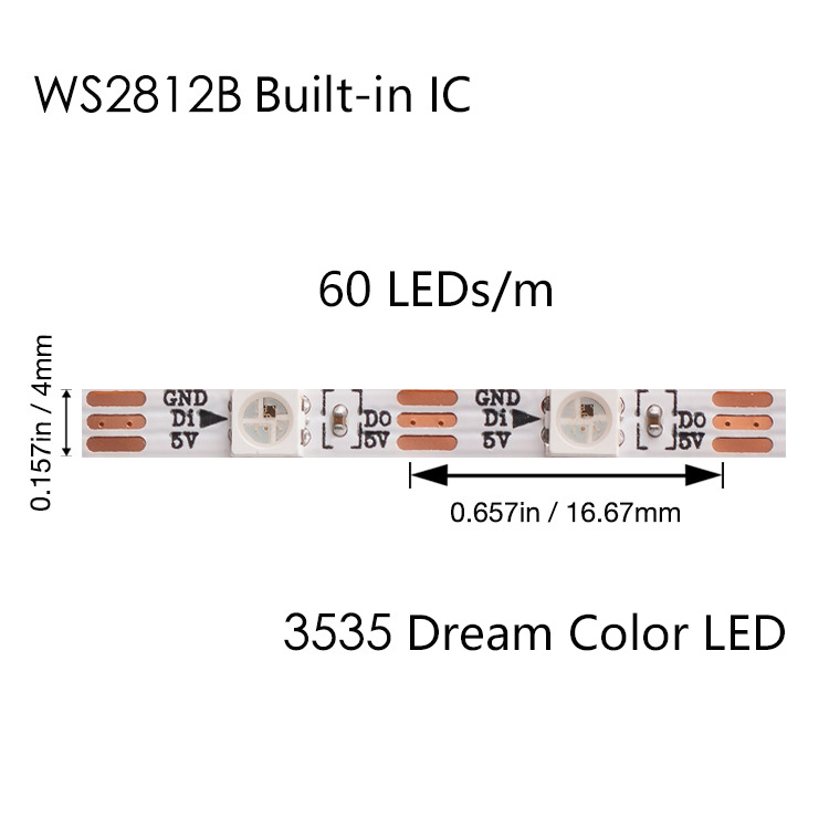 4mm WS2812B LED Strip Lights, 1m/3.28ft, IP20/IP67 Waterproof