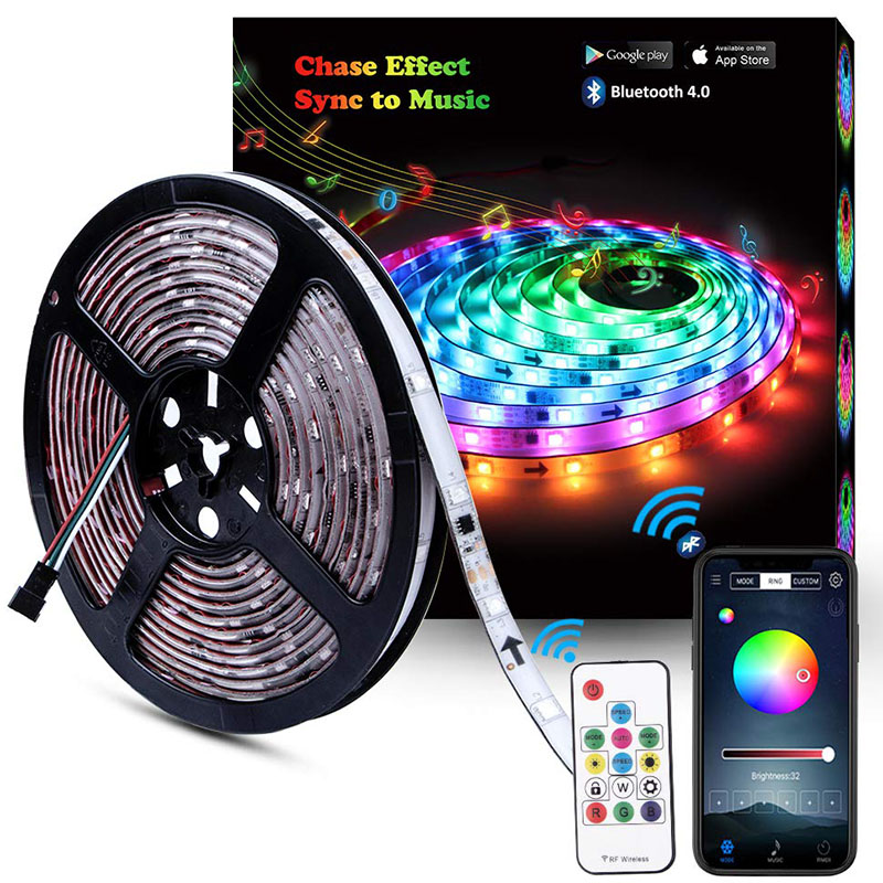 DC12V 5M/16.54ft 150 LED pásek světel Bluetooth Smart Phone APP & RF Dálkově ovládaný RGB LED pásek Světla na lano Vodotěsné LED pásy Sady světel Podpora iPhone Android, duhové barvy