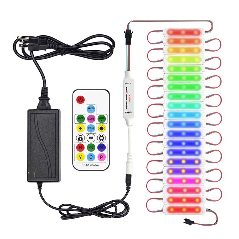 Sada SuperLightingLED Dream Color LED Module Kit Vodotěsný IP67 DC12V 5050 LED Pixel String 20 ks s 24 klíči Dálkový ovladač + IR ovladač + 12V napájecí zdroj