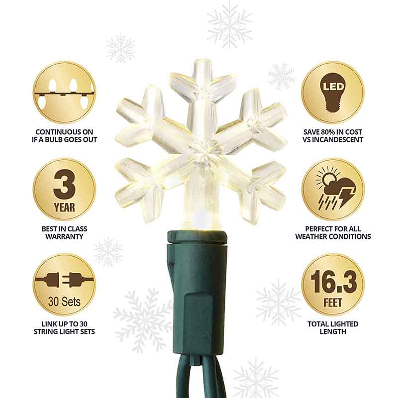 Weihnachtsbeleuchtung für den Innen- und Außenbereich, Schneeflocken-LED, 50 Glühbirnen pro 16.3-Fuß-Set, warmweiß Weihnachtsbeleuchtung für den Innen- und Außenbereich, Schneeflocken-LED, 50 Glühbirnen pro 16.3-Fuß-Set, warmweiß