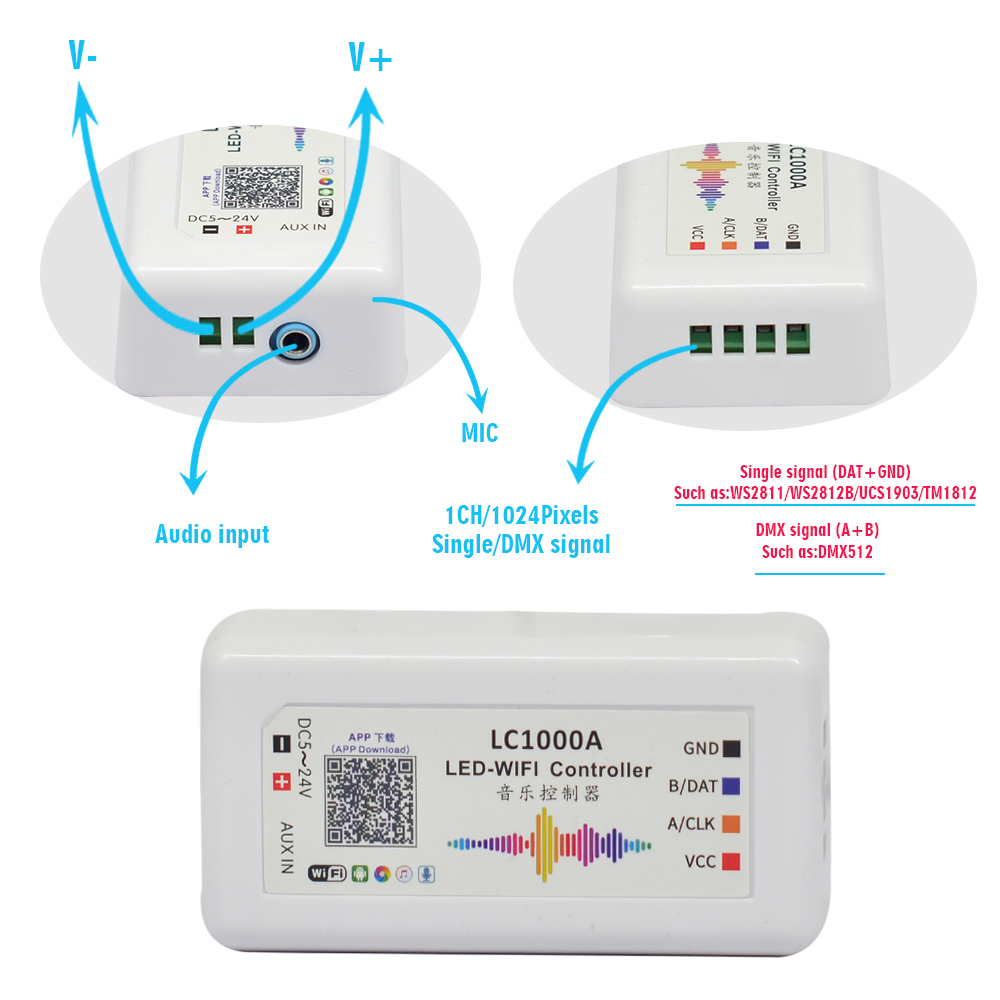DC7-24V LC-1000A LED WiFi Music Spectrum Android Controller, pro DMX512, LPD6803, WS2811, WS2812B, WS2801 adresovatelná LED pásková světla, vstupní obsah APP Surport, stažení z Google Play DC7-24V LC-1000A LED WiFi Music Spectrum Android Controller, pro DMX512, LPD6803, WS2811, WS2812B, WS2801 adresovatelná LED pásková světla, vstupní obsah APP Surport, stažení z Google Play