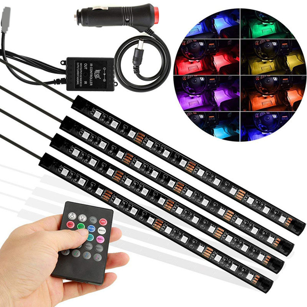 DC12V 4X12LEDs One Tah Čtyři Atmosférické světlo do auta Barevný RGB zapalovač cigaret do auta USB hlasové ovládání Dálkové ovládání Atmosférické světlo
