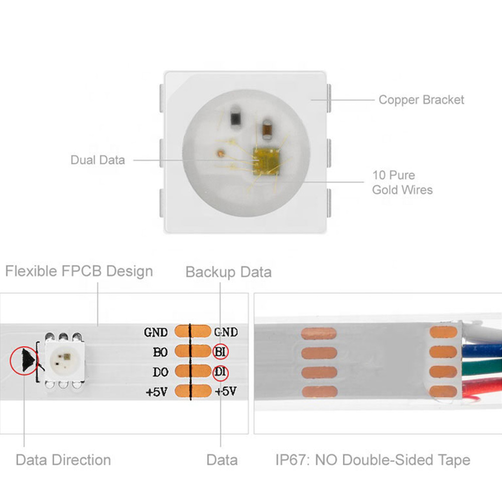 WS2813 RGB světla Individuálně adresovatelný LED pásek 5V - 30LED/m
