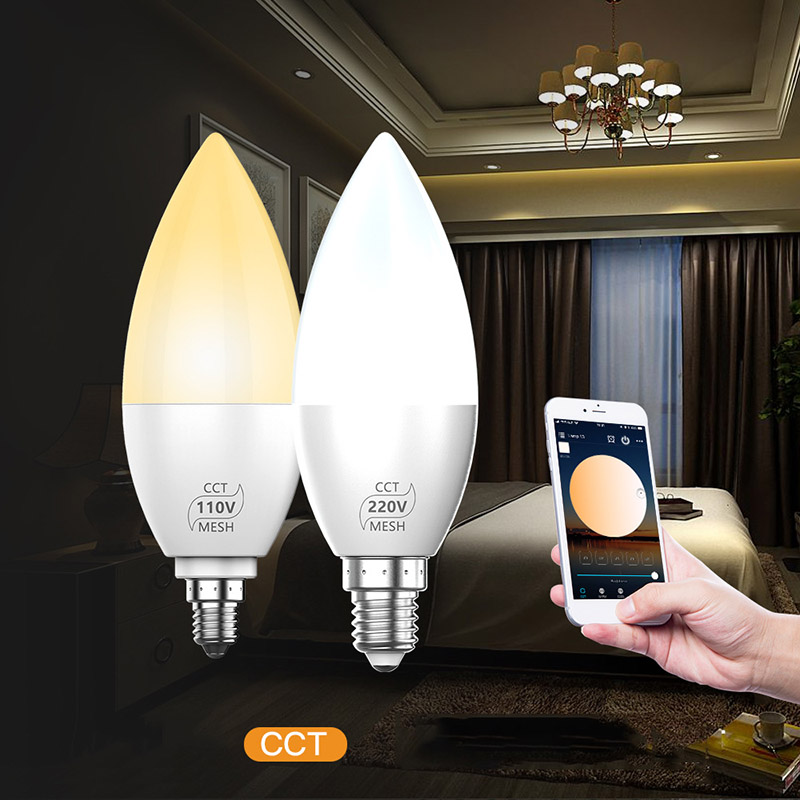E12 4 W CCT Kunststoff-LED-Kandelaber-Glühbirne, einstellbare Farbe 2700 K–6500 K mit Alexa und Google Assistant, DC 95–130 V, dimmbares Farblicht