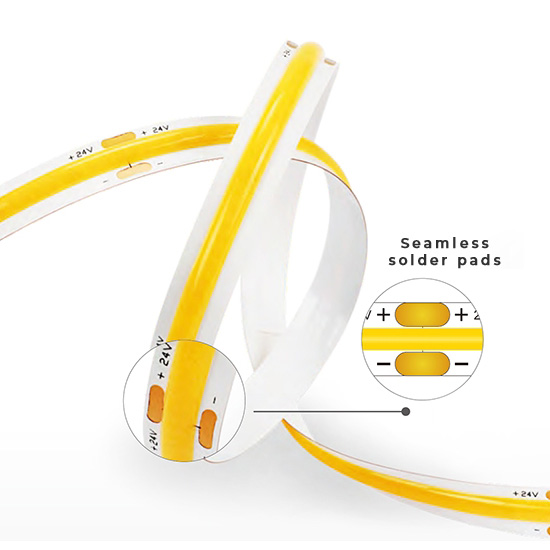 Vysoké CRI 90 bílé barevné světlo Flexibilní COB LED pásková světla – DC12/24V – 16.4 stop/5m role Vysoké CRI 90 bílé barevné světlo Flexibilní COB LED pásková světla – DC12/24V – 16.4 stop/5m role