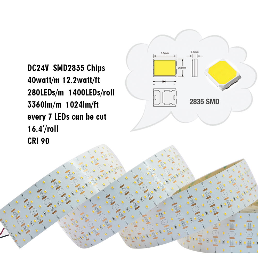 Penta Row 2835SMD Super Bright DC24V High CRI 90+ 280LEDs/M Nevodotěsná LED pásková světla - PCB šířka 64mm, 5m/16.4ft na roli Penta Row 2835SMD Super Bright DC24V High CRI 90+ 280LEDs/M Nevodotěsná LED pásková světla - PCB šířka 64mm, 5m/16.4ft na roli