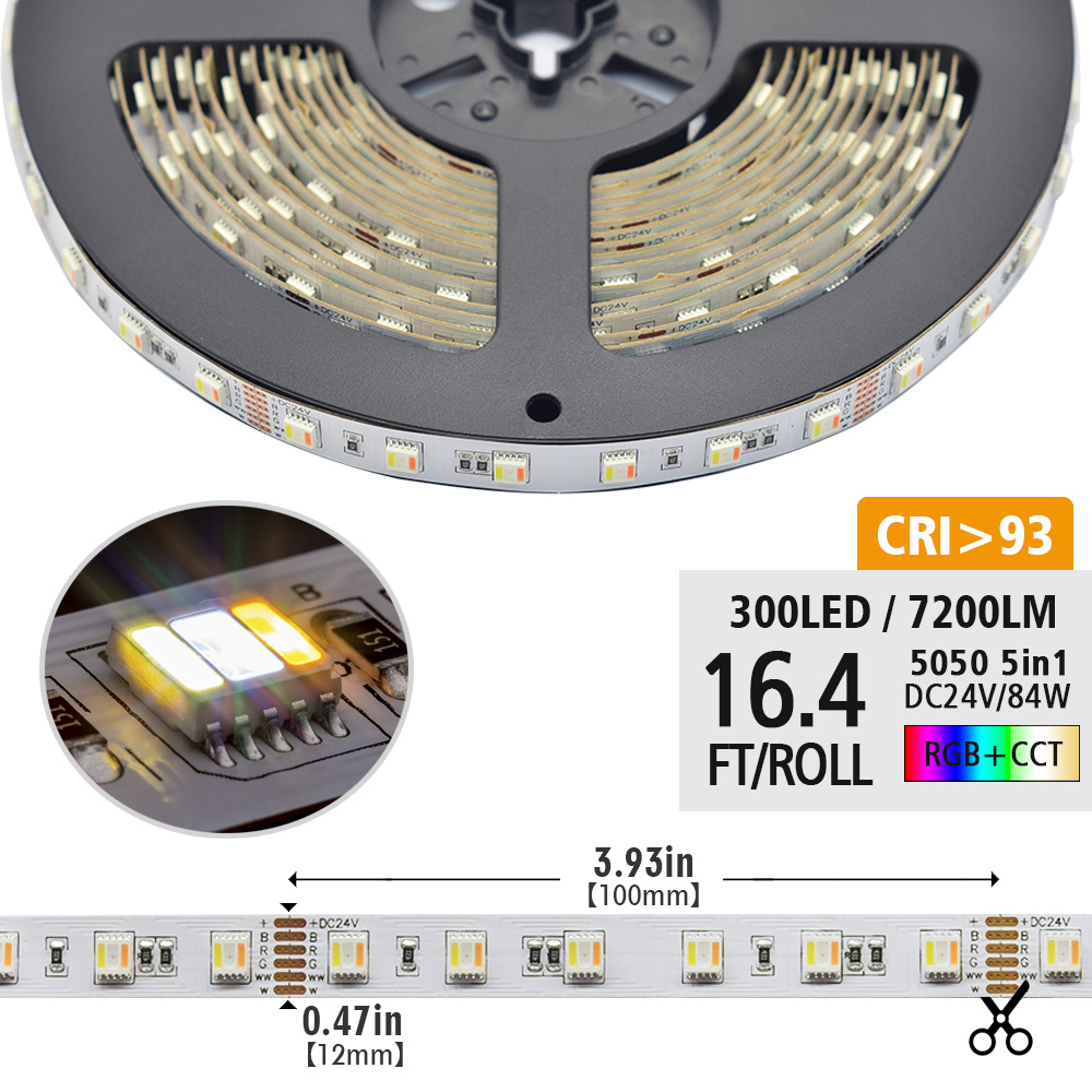 5v1 RGBCCT světla měnící barvu – 12mm 24V/12V 5050 LED pásek – 60LED/m