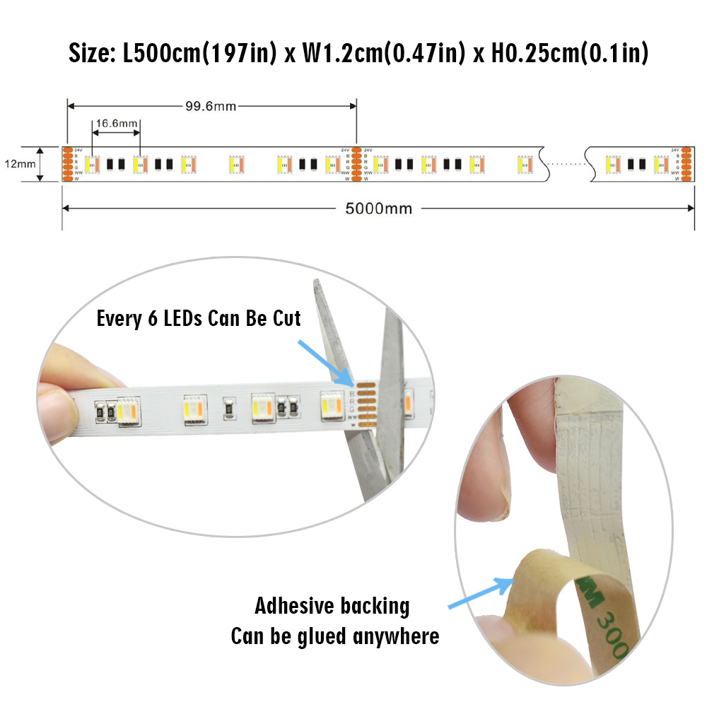 24V 5050 RGB RGBW RGBWW RGBCCT LED Strip – 5M 60 LEDs/m Color Changing Dimmable