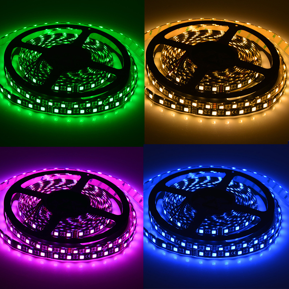 5m RGBW Color Changing LED Strip Lights - 12V/24V Super Bright - Black Board