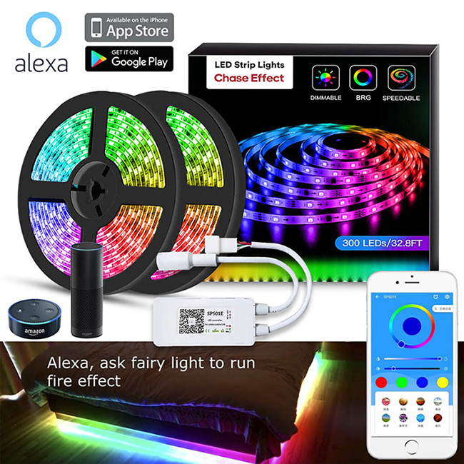 SP501E Color Chasing Alexa LED pásková světelná sada, 32.8 ft/10 m flexibilní vodotěsné digitální adresovatelné RGB LED lanové světlo pracující s iOS a Android FairyNest APP, podpora Amazon Alexa