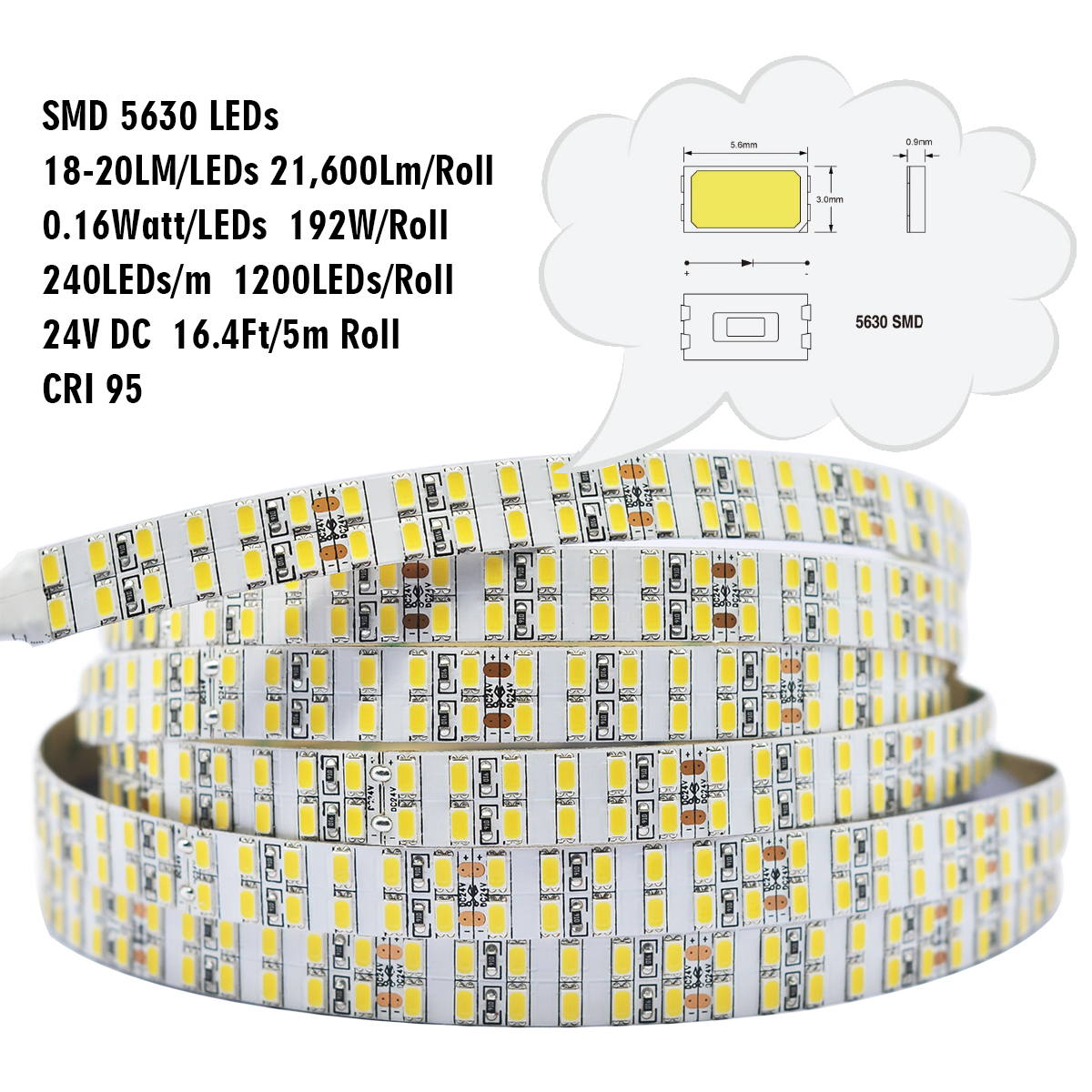 Double Row 335 SMD Side Emitting LED Flexible Strip, 240 LED/M, 24V DC,  5M/Reel