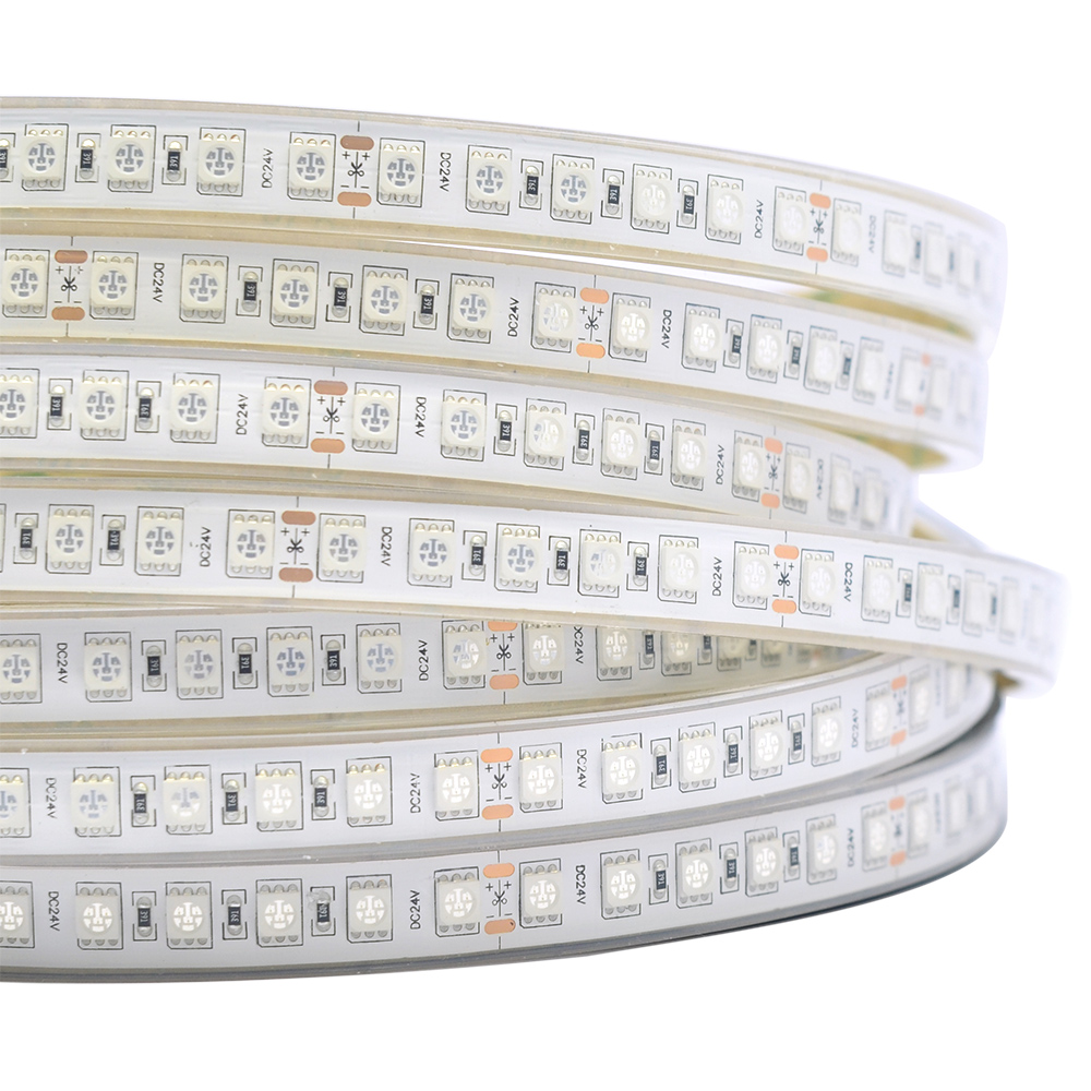 Vícebarevná RGB voděodolná LED pásková světla – 12 mm/10 mm 24V/12V 5050 3v1 LED – 96LED/m
