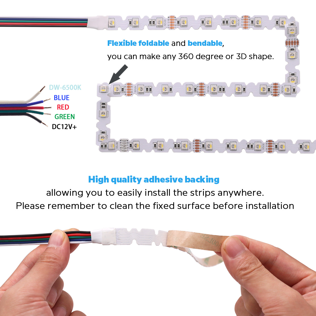 RGBW-LED-Leuchten mit Farbwechsel – 12 V, 48 LEDs/m, S-förmiger LED-Streifen, biegbar RGBW-LED-Leuchten mit Farbwechsel – 12 V, 48 LEDs/m, S-förmiger LED-Streifen, biegbar