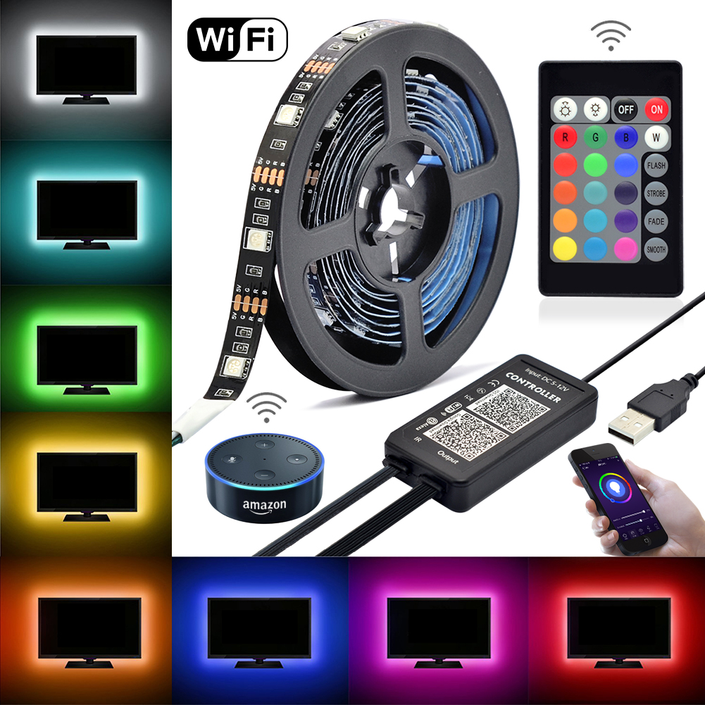 LED-WLAN-Alexa-TV-Hintergrundbeleuchtungs-Set, 5 V DC, 6.56 Fuß, mehrfarbige RGB-LED-Streifen, flexibel, + USB-WLAN-Fernbedienung für TV/PC/LCD/Desktop-Monitore, Hintergrundbeleuchtung
