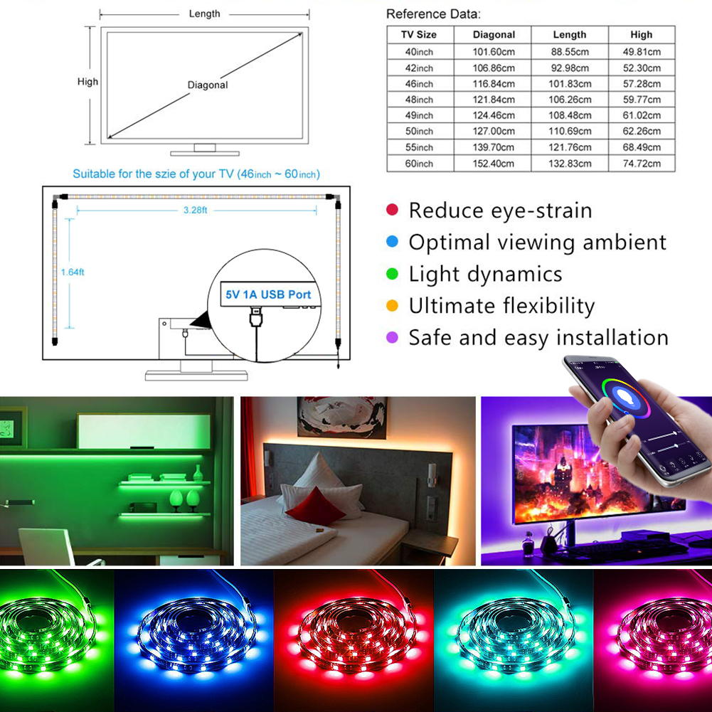 Sada podsvícení LED Wi-Fi Alexa TV, 5 V DC 6.56 Ft vícebarevný RGB flexibilní LED pásek + USB Wi-Fi dálkový ovladač Pro TV/PC/LCD/stolní monitory Podsvícení