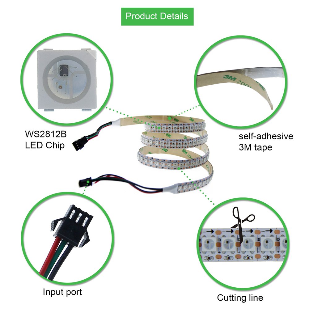 Flexibilní LED pásková světla řady WS2812B DC5V, programovatelné zachycování plné barvy pixelů, vnitřní použití, 144 LED/m 1.64–6.56 stop na kotouč v prodeji Flexibilní LED pásková světla řady WS2812B DC5V, programovatelné zachycování plné barvy pixelů, vnitřní použití, 144 LED/m 1.64–6.56 stop na kotouč v prodeji