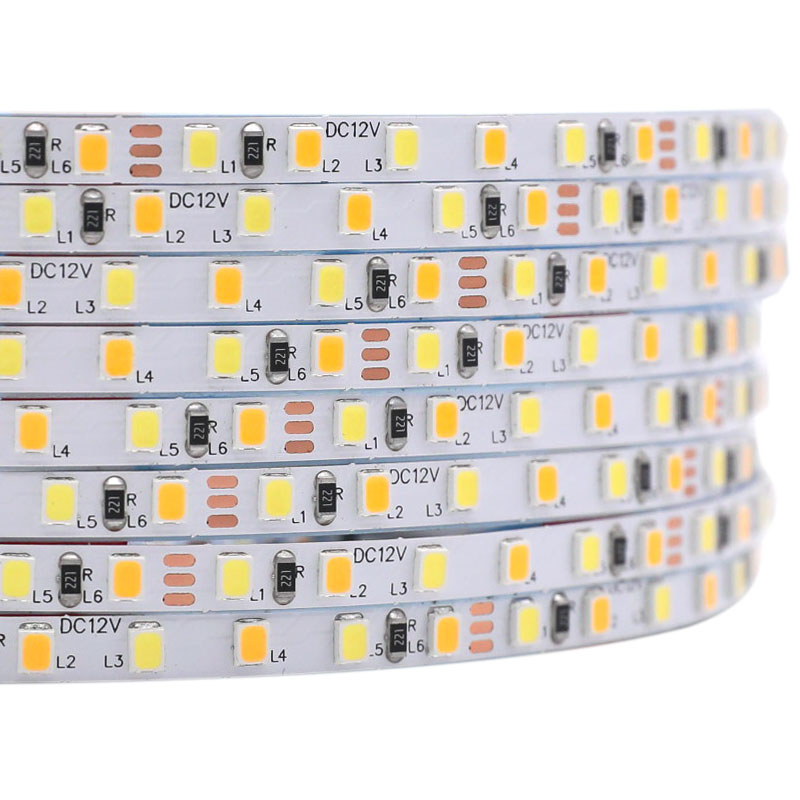 Úzké 12V SMD2835 CCT měkké bílé + zářivě bílé stmívatelné LED pásky 120LED/m