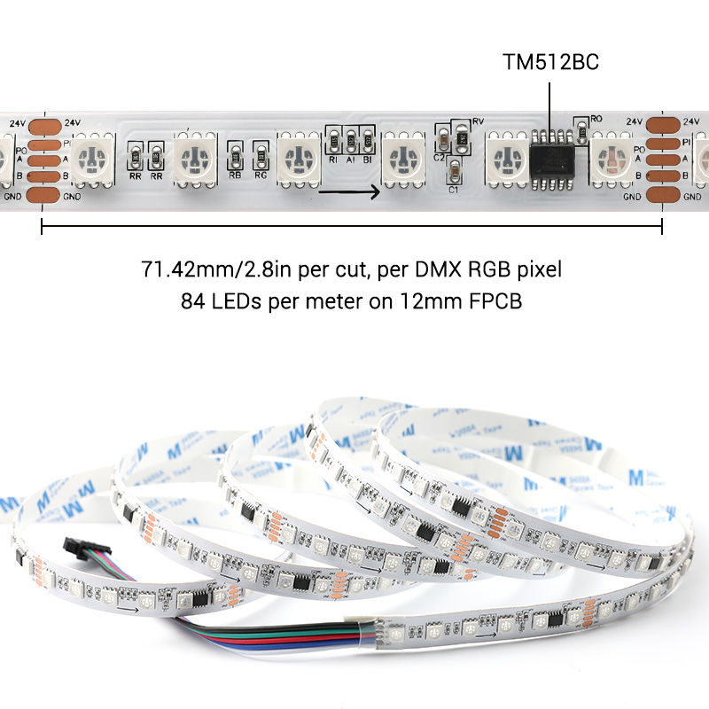 10-Meter 24V RGB LED Strip Light DMX Controllable 840 LEDs With 140 TM512BC Pixels 10-Meter 24V RGB LED Strip Light DMX Controllable 840 LEDs With 140 TM512BC Pixels