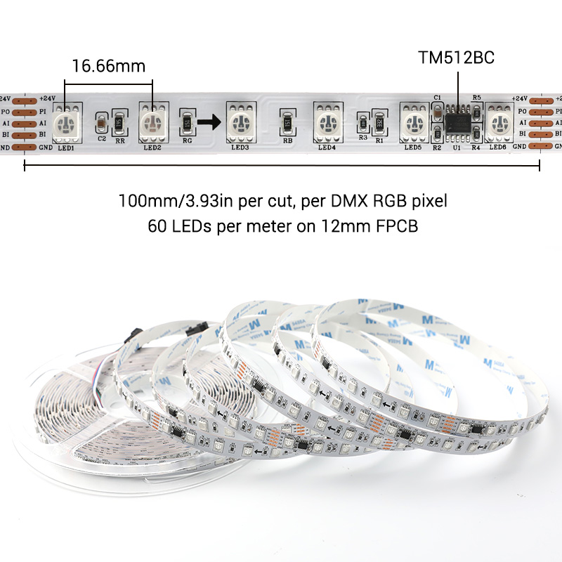 10m 24V Digital RGB LED Strip DMX Addressable 600 Lights With 100 TM512BC Pixels 10m 24V Digital RGB LED Strip DMX Addressable 600 Lights With 100 TM512BC Pixels